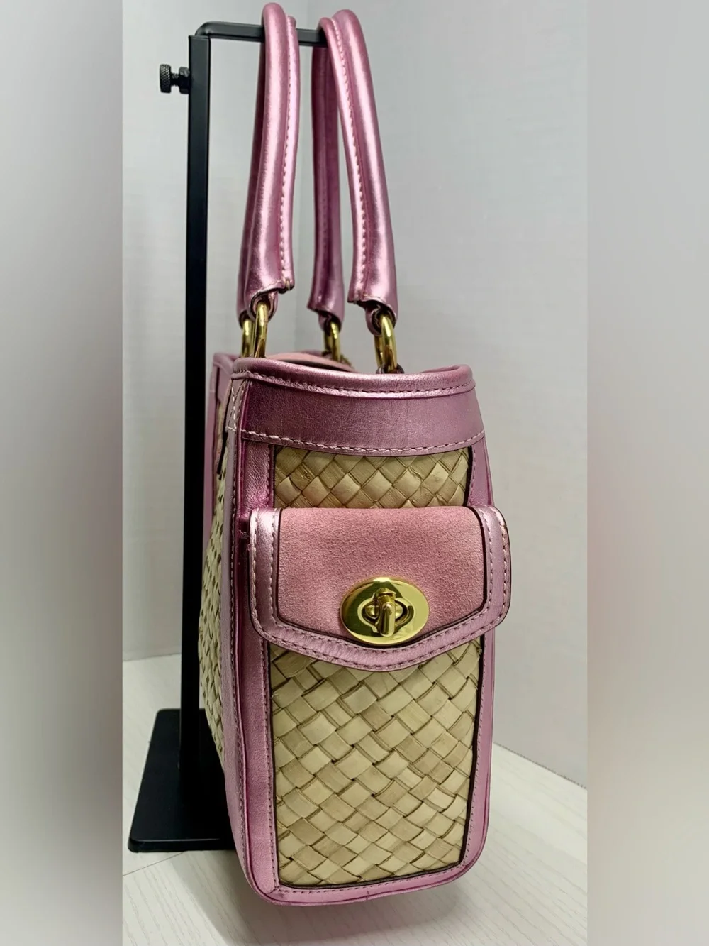 Coach Vintage 2004 Hamptons Pink Metallic Leather, Suede & Straw Tote,